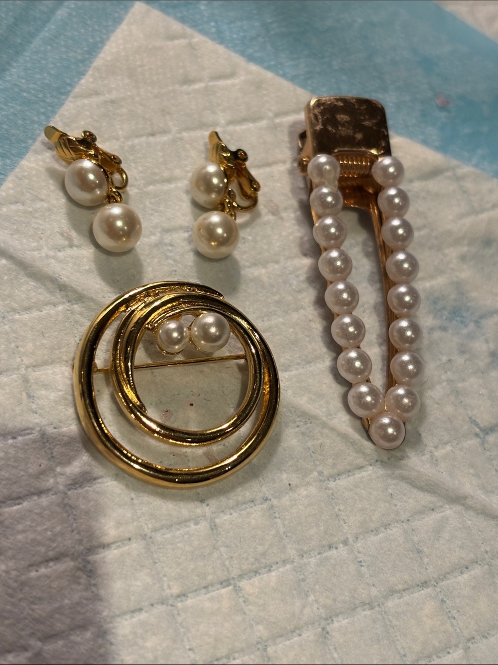 Gold and Pearl Jewelry Set - Earrings, Brooch & Hair Clip